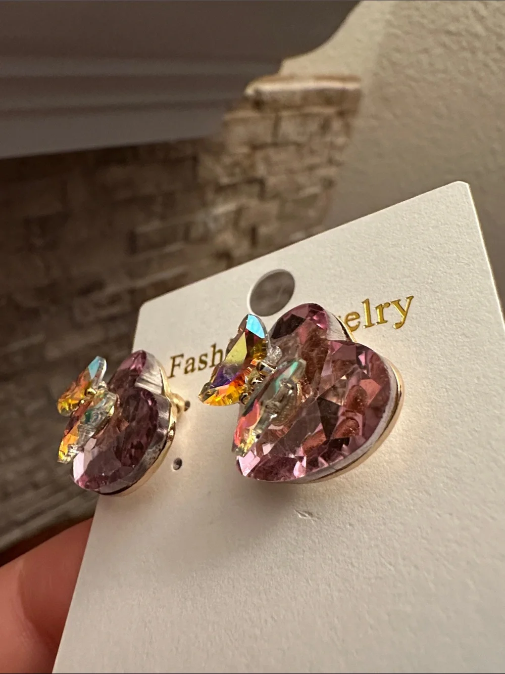Fashion Jewelry Pink Heart Earrings with Iridescent Butterfly Accents